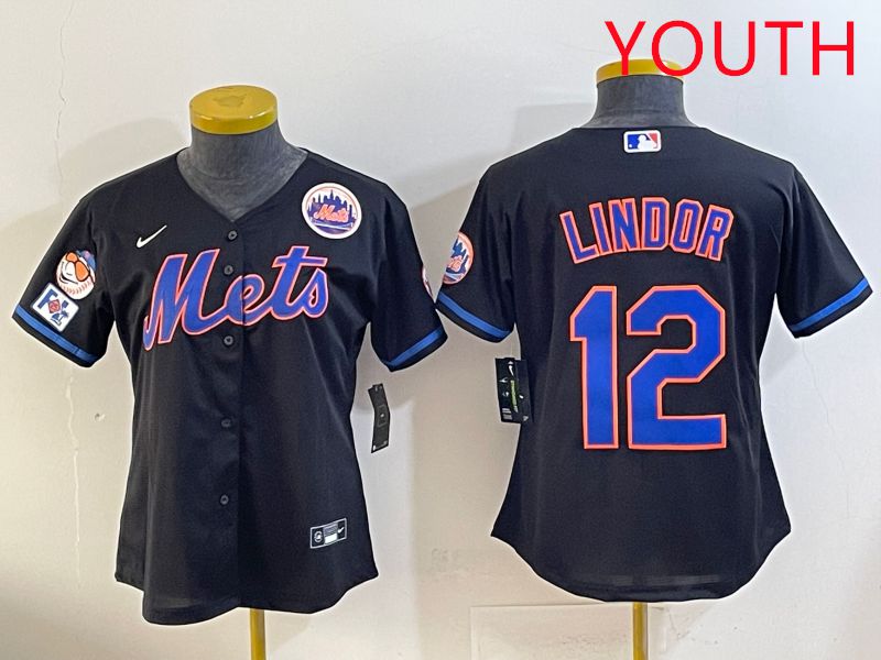 Youth 2025 New York Mets #12 Lindor Black Game Nike MLB Jersey style 12